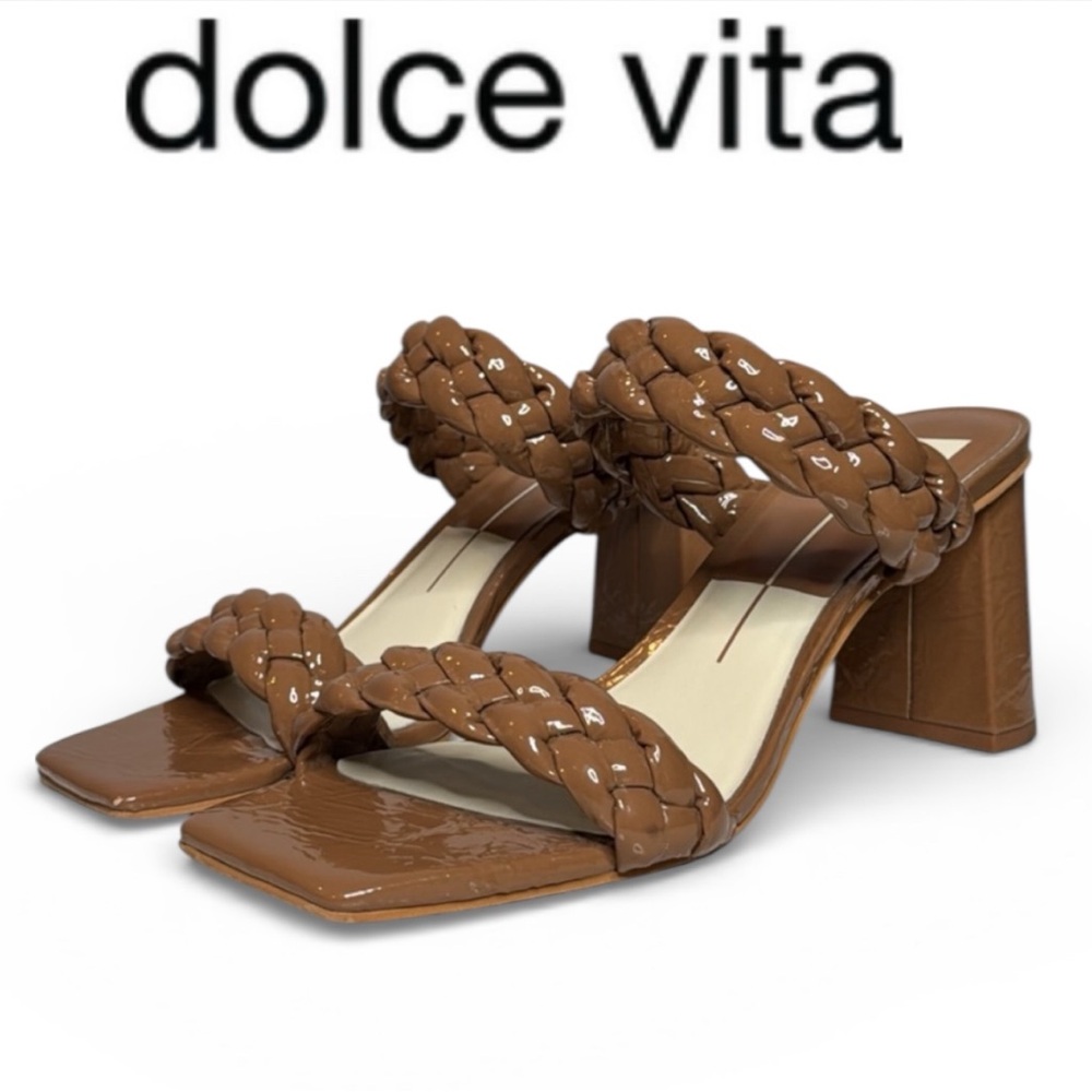 DOLCE VITA PAILY PATENT CAFE BRAIDED ROUNDED BLOCK SQUARE TOE HEELED SANDALS